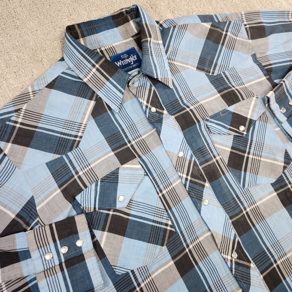 Vintage Wrangler Shirt Men Medium Pearl Snap Plaid Lightweight Cowboy Rodeo Blue